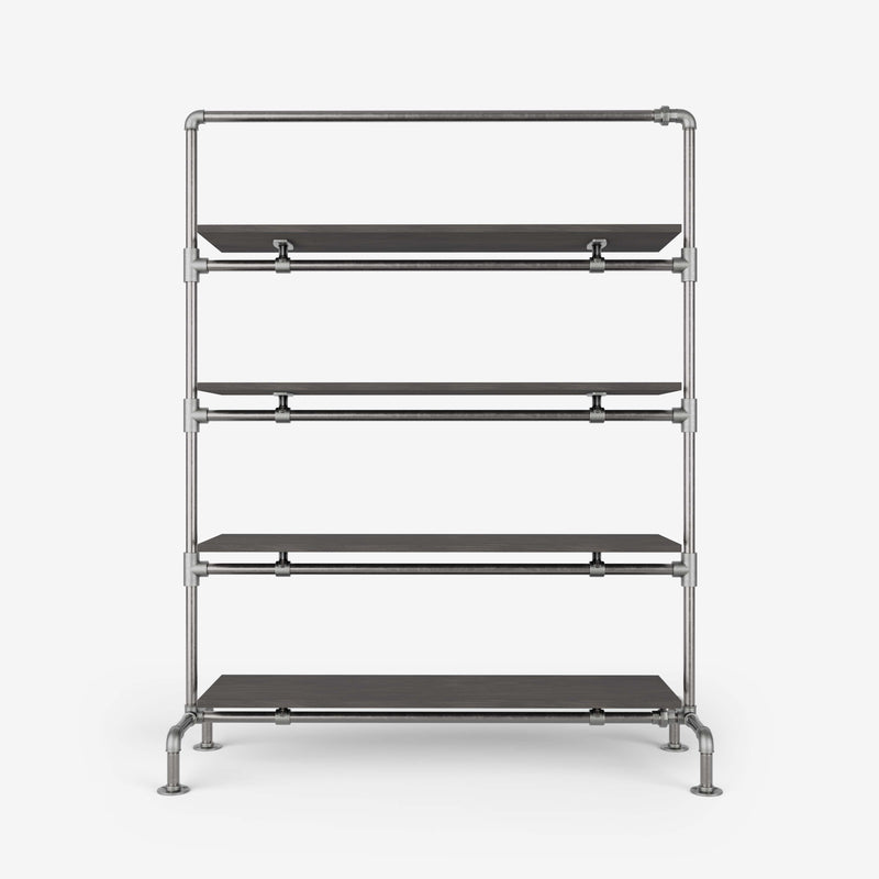 Clothes rack with shelves made of silver pipes and dark pine