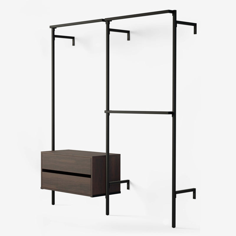 Walk-in solution with space for long clothes, very short clothes and a smoked oak dresser