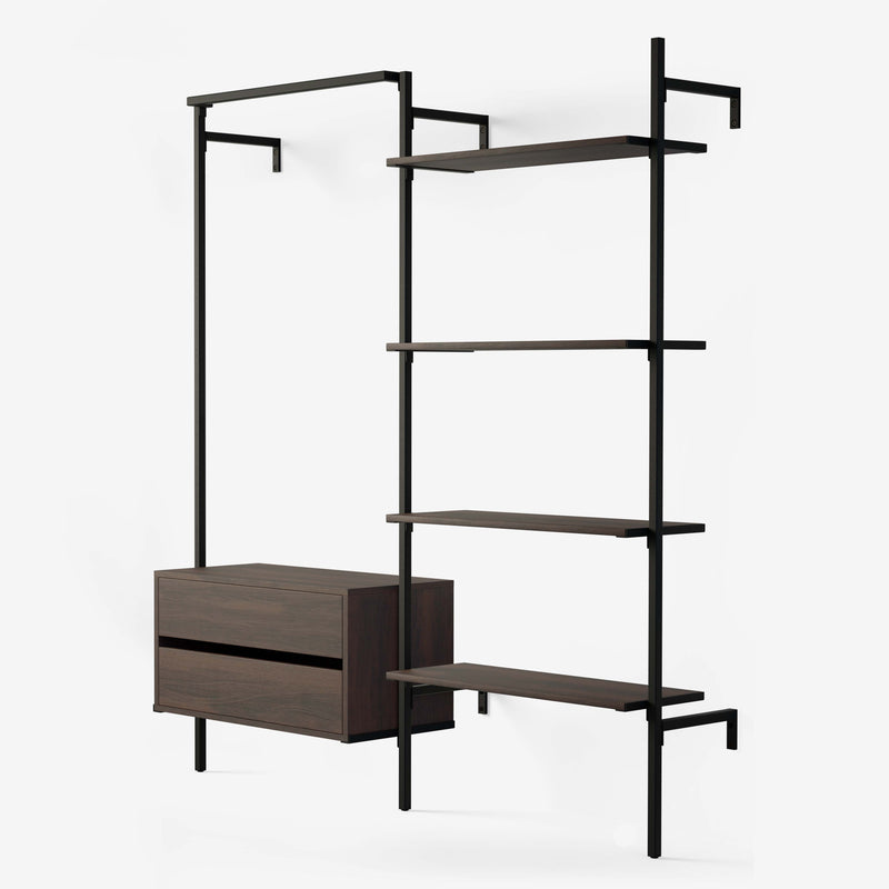 Walk-in solution with hanging space, a dresser and 4 shelves. The wood is smoked oak veneer and the frame is black powder coated.