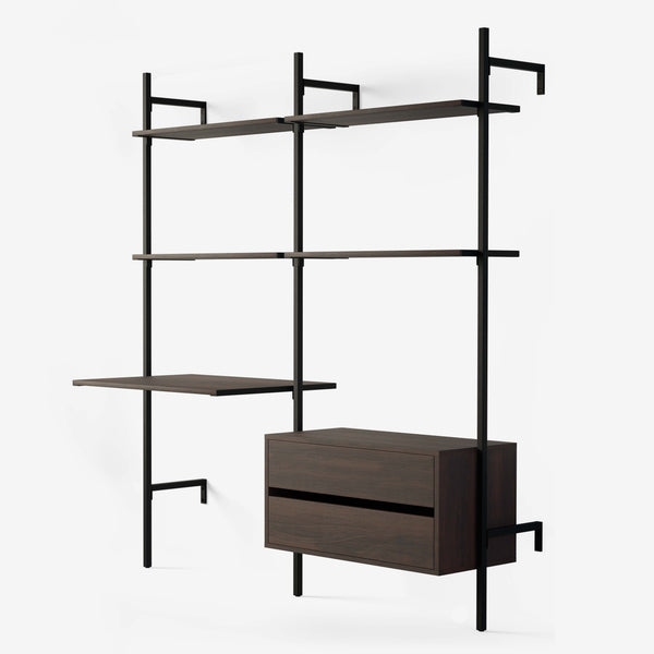 A perfect all-in-one solution with four shelves, the desk and the two dressers. The wood is smoked oak veneer and the frame is black powder coated.