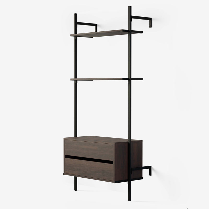 Shelving system with 2 smoked oak veneer shelves and one dresser with soft close