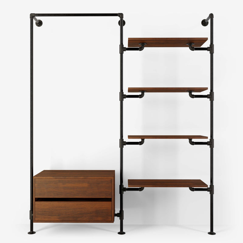 Walk-in wardrobe in two rows with one rail, one dresser and four shelves in dark pipes and smoked oak