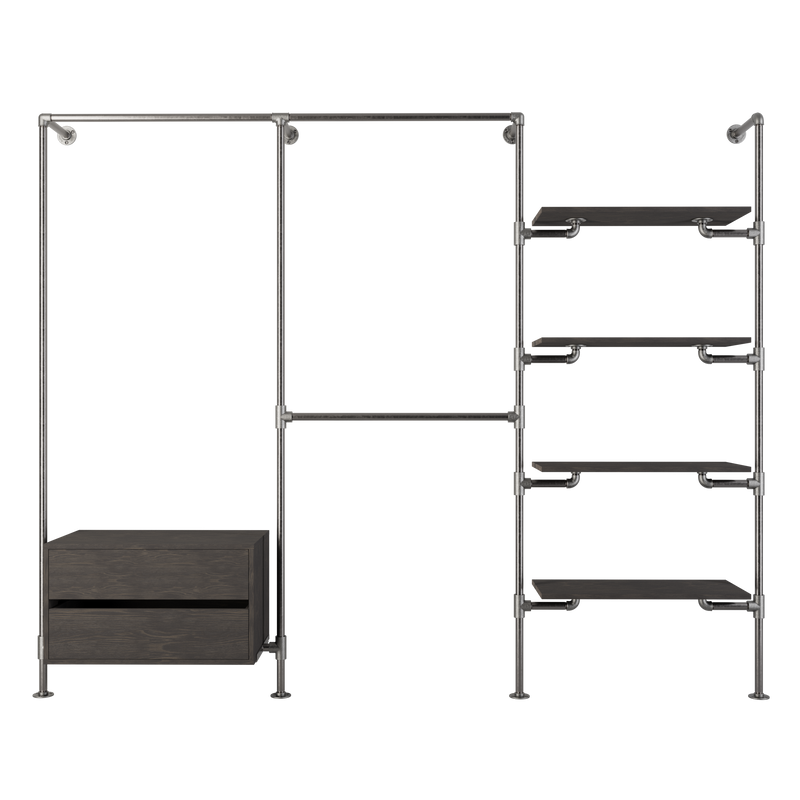 Walk-in wardrobe in three rows with one dresser, three rails and four shelves made with silver pipes and dark pine