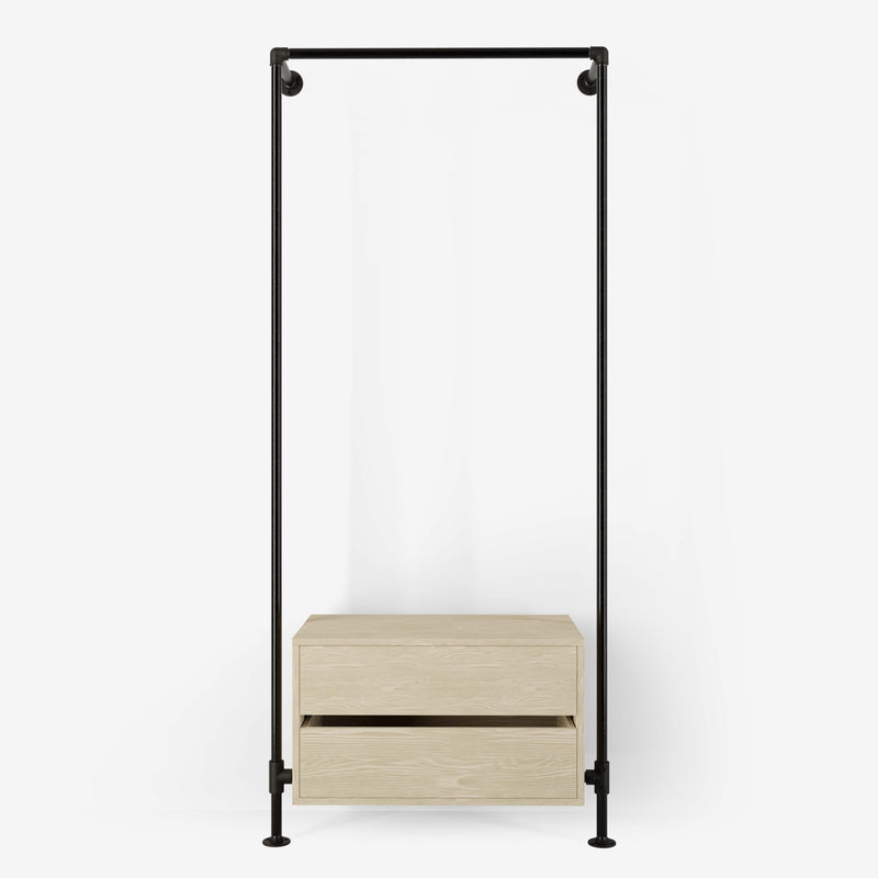 Walk-in wardrobe with one rail and one dresser made with dark pipes and light pine