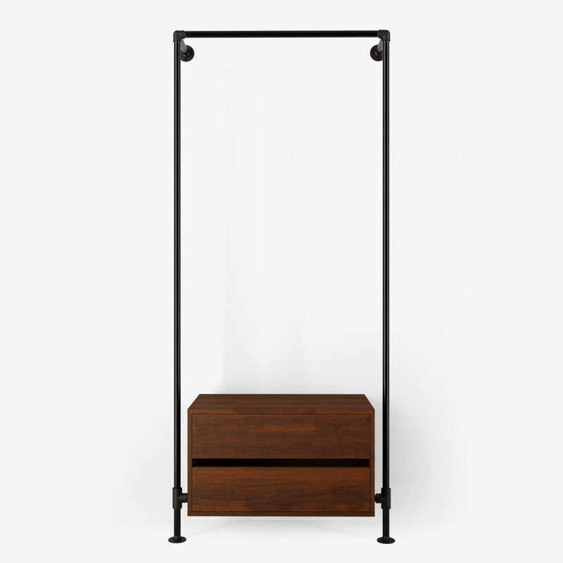 Walk-in wardrobe with one rail and one dresser made with dark pipes and smoked oak