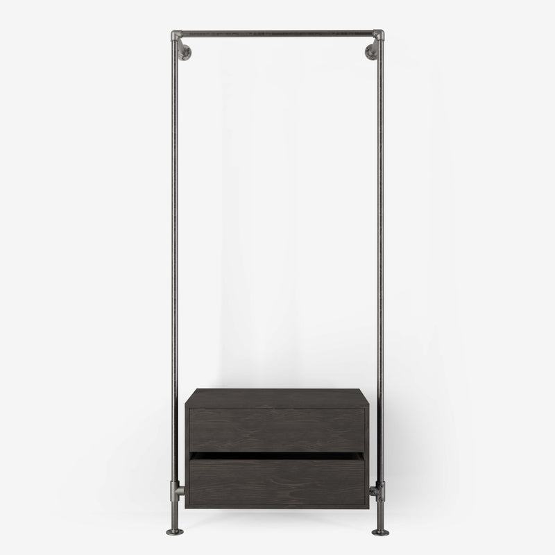 Walk-in wardrobe with one rail and one dresser made with silver pipes and dark pine