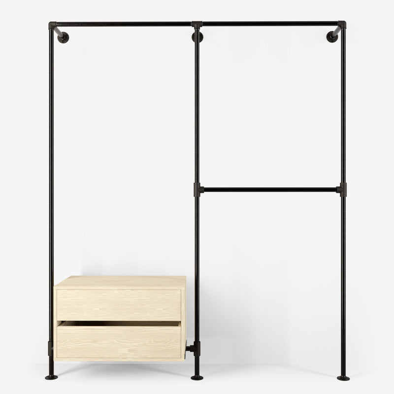 Walk-in wardrobe with tree rails and one dresser made with dark pipes and light pine