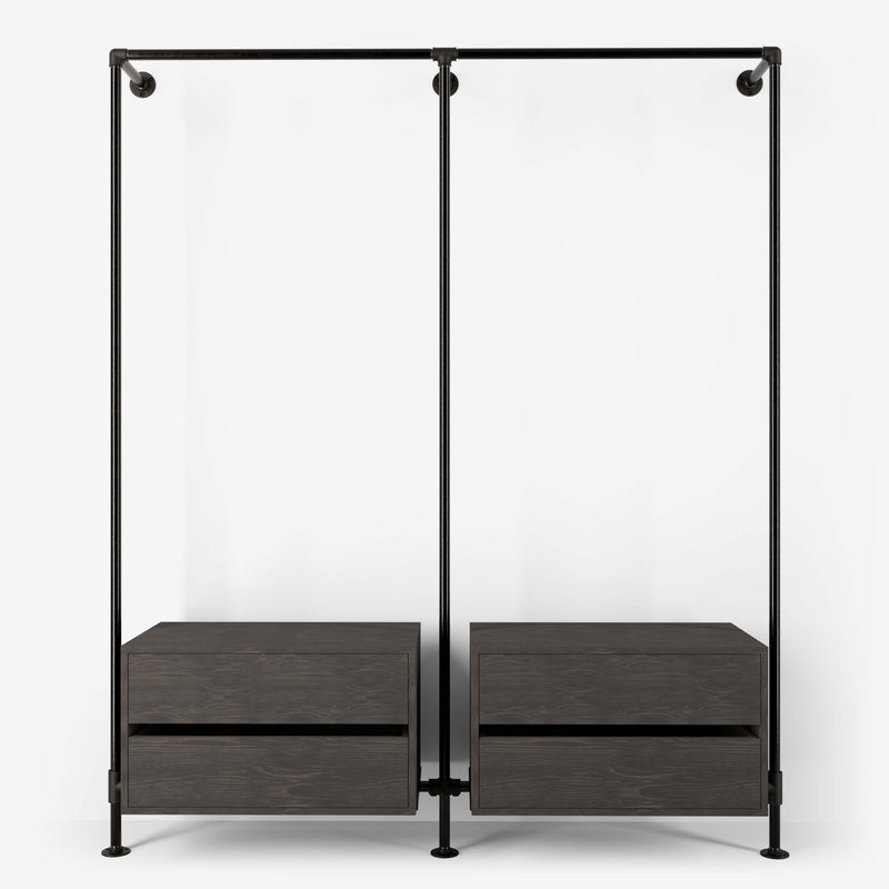 Walk-in wardrobe with two rails and two dressers made with dark pipes and dark pine