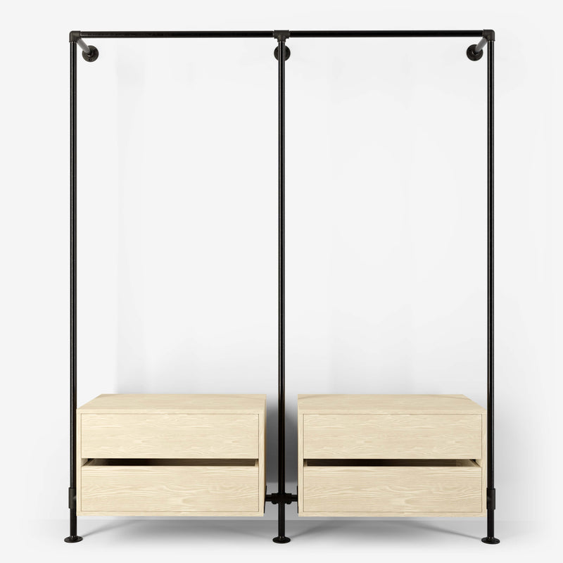 Walk-in wardrobe with two rails and two dressers made with dark pipes and light pine