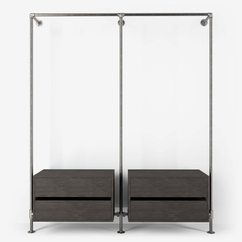 Walk-in wardrobe with two rails and two dressers made with silver pipes and dark pine