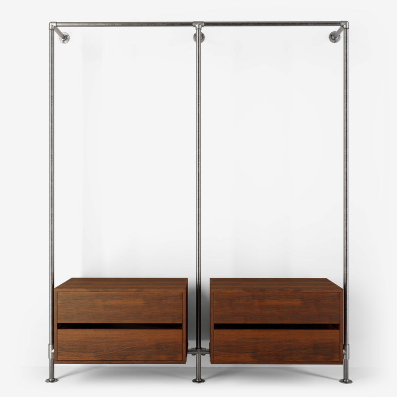 Walk-in wardrobe with two rails and two dressers made with silver pipes and smoked oak